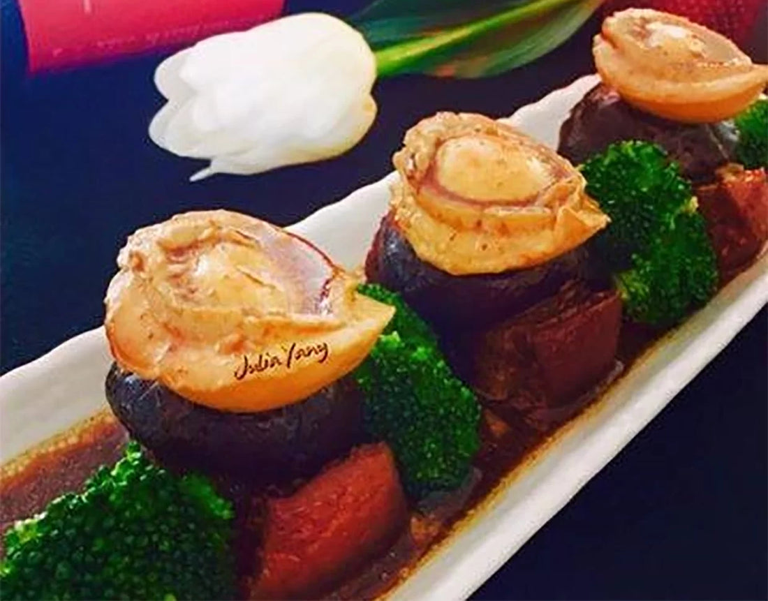 Braised Abalone with Mushrooms, Pork Belly and Broccoli