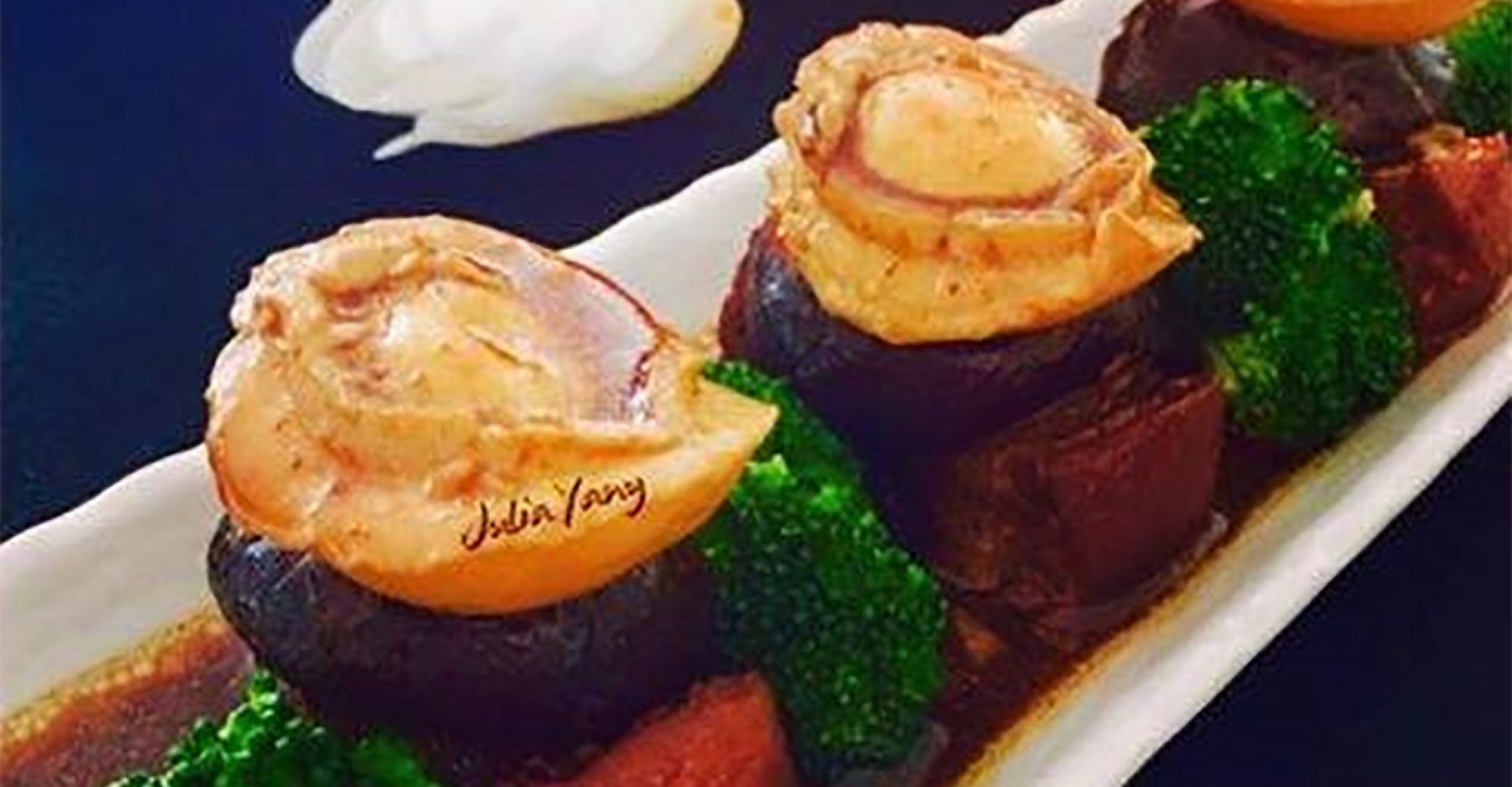 Braised Abalone with Mushrooms, Pork Belly and Broccoli